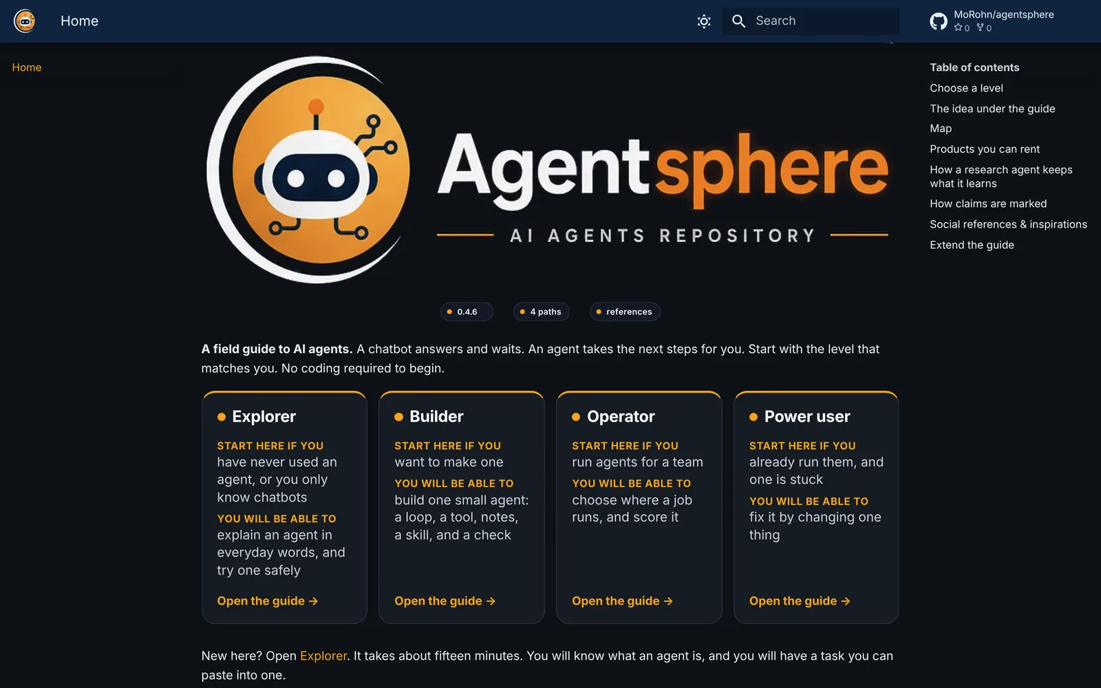 Agentsphere: Home: the Agentsphere landing page with the four entry cards (Explorer, Builder, Operator, Power user), each stating who should start there and what they will be able to do.