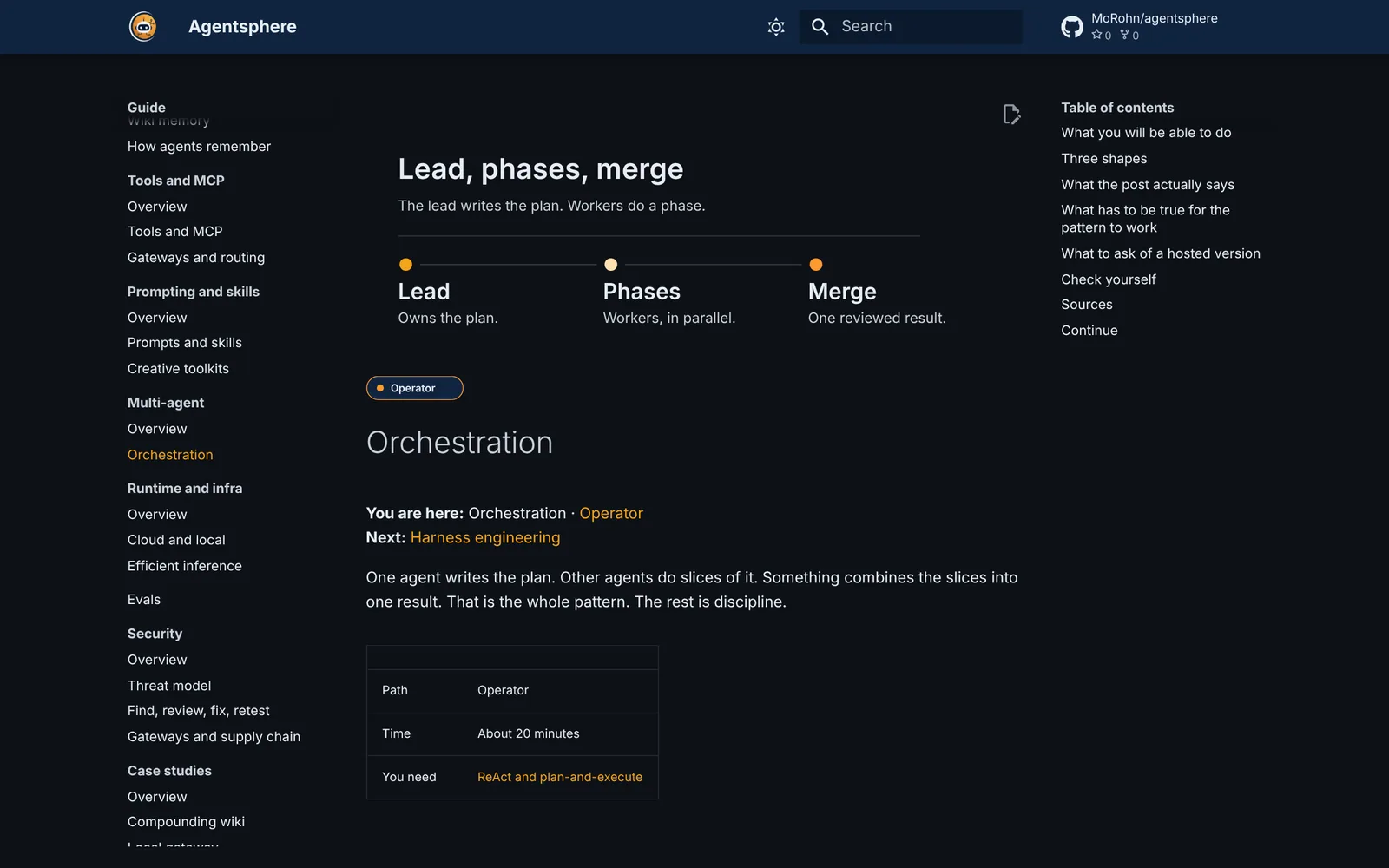 Agentsphere: Orchestration: lead, phases, merge; one agent writes the plan, workers take slices, one reviewed result comes back.