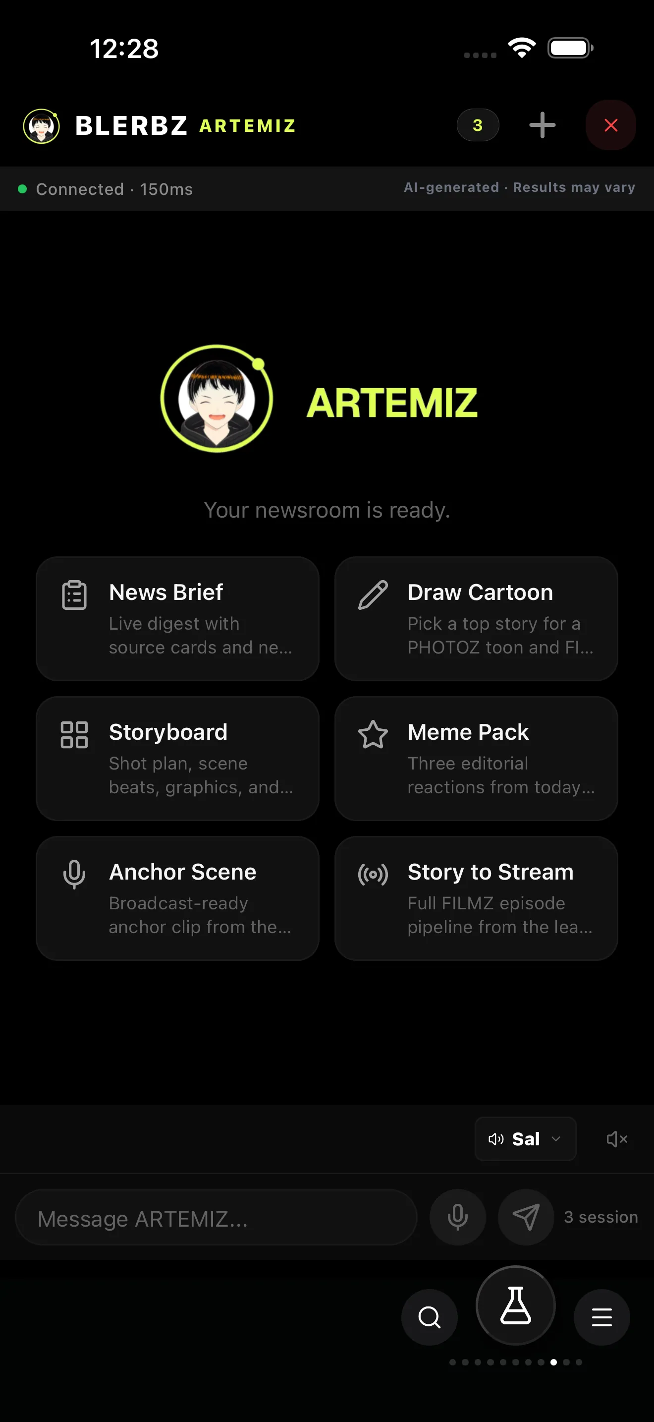 BLERBZ: ARTEMIZ: the in-app newsroom agent. News brief, cartoon, storyboard, meme pack, anchor scene, story-to-stream.
