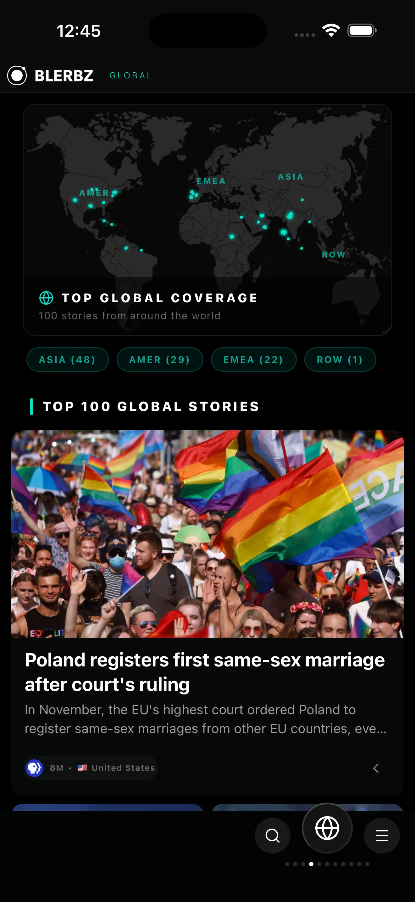 BLERBZ: Global: 100 stories plotted on a world map, filterable by region.