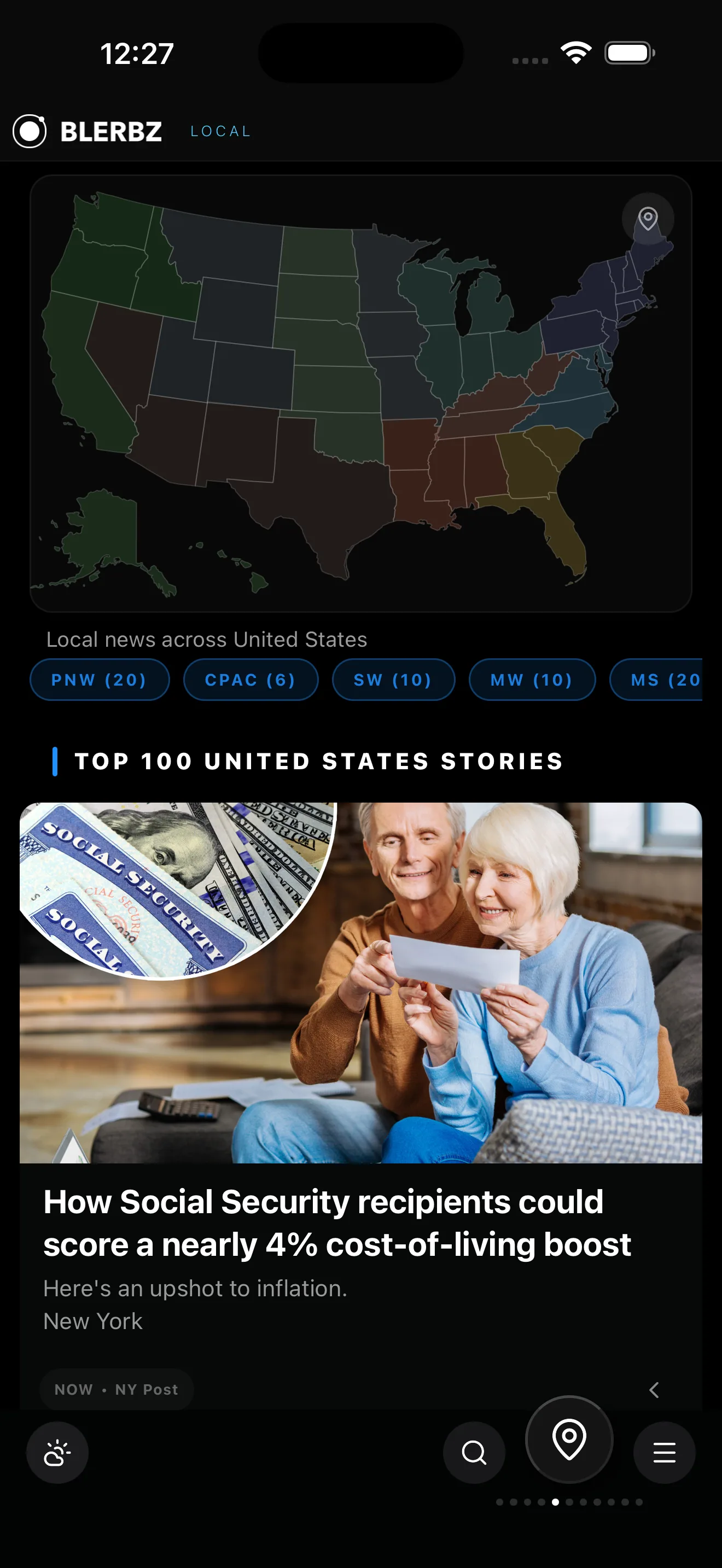 BLERBZ: Local: US map with story counts by region.