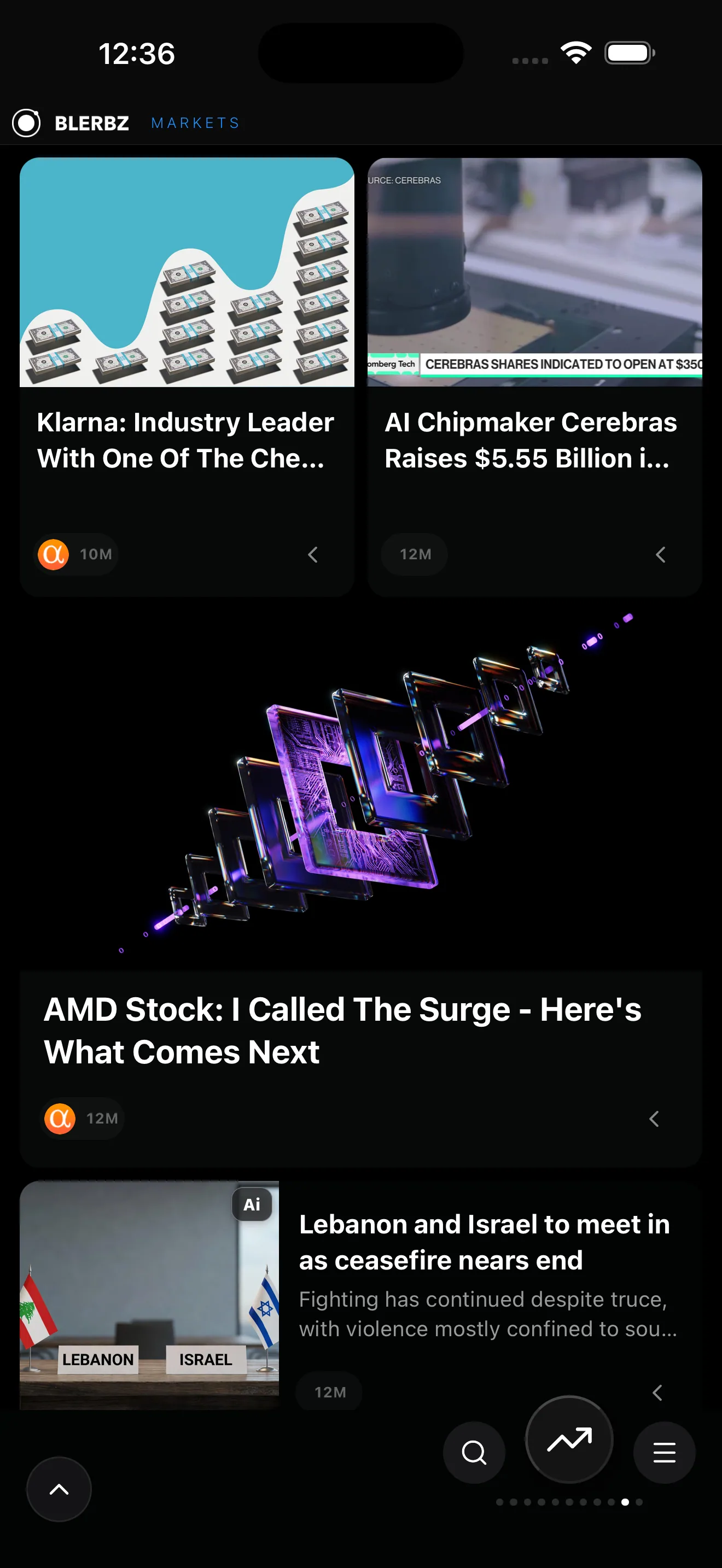 BLERBZ: Markets: finance and business coverage in a mixed-size card grid.