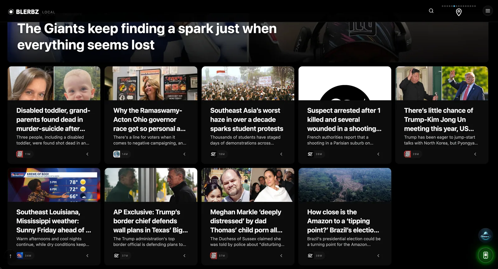 BLERBZ: Local: top stories by US region, with the lead story as a full-bleed banner.