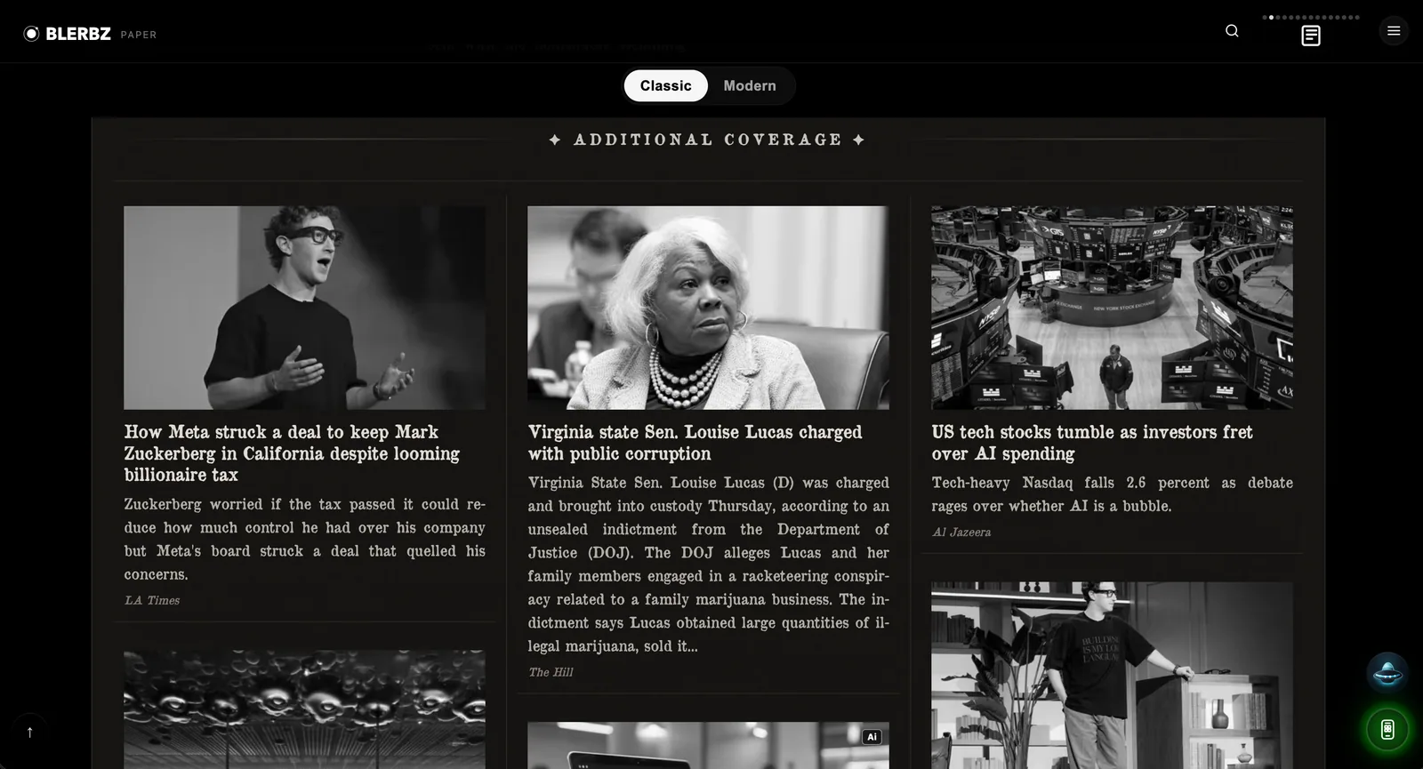 BLERBZ: Paper: additional coverage in classic column typesetting, all generated from live stories.