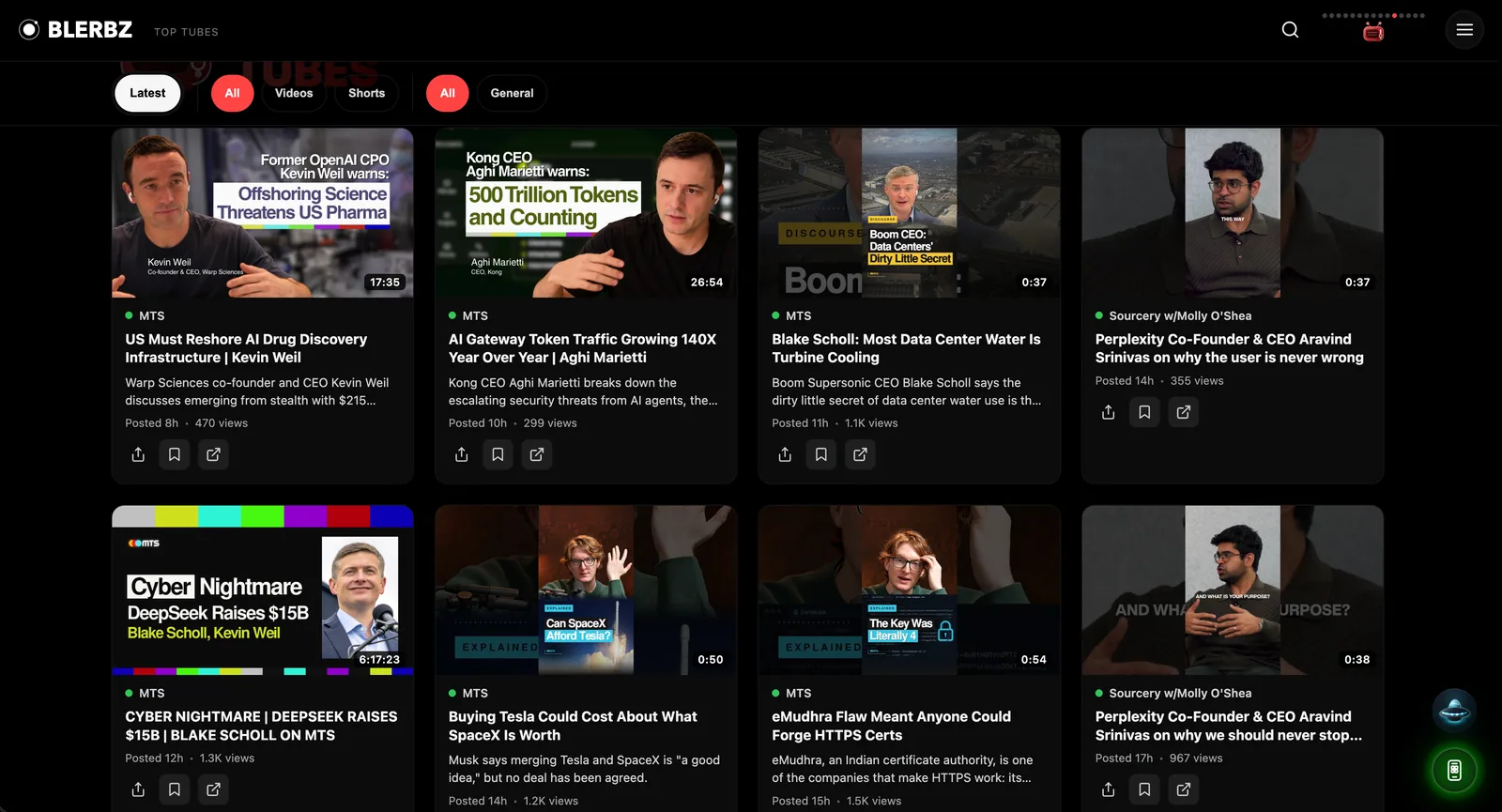 BLERBZ: Top Tubes: ranked video from tracked channels, filterable by videos and shorts.