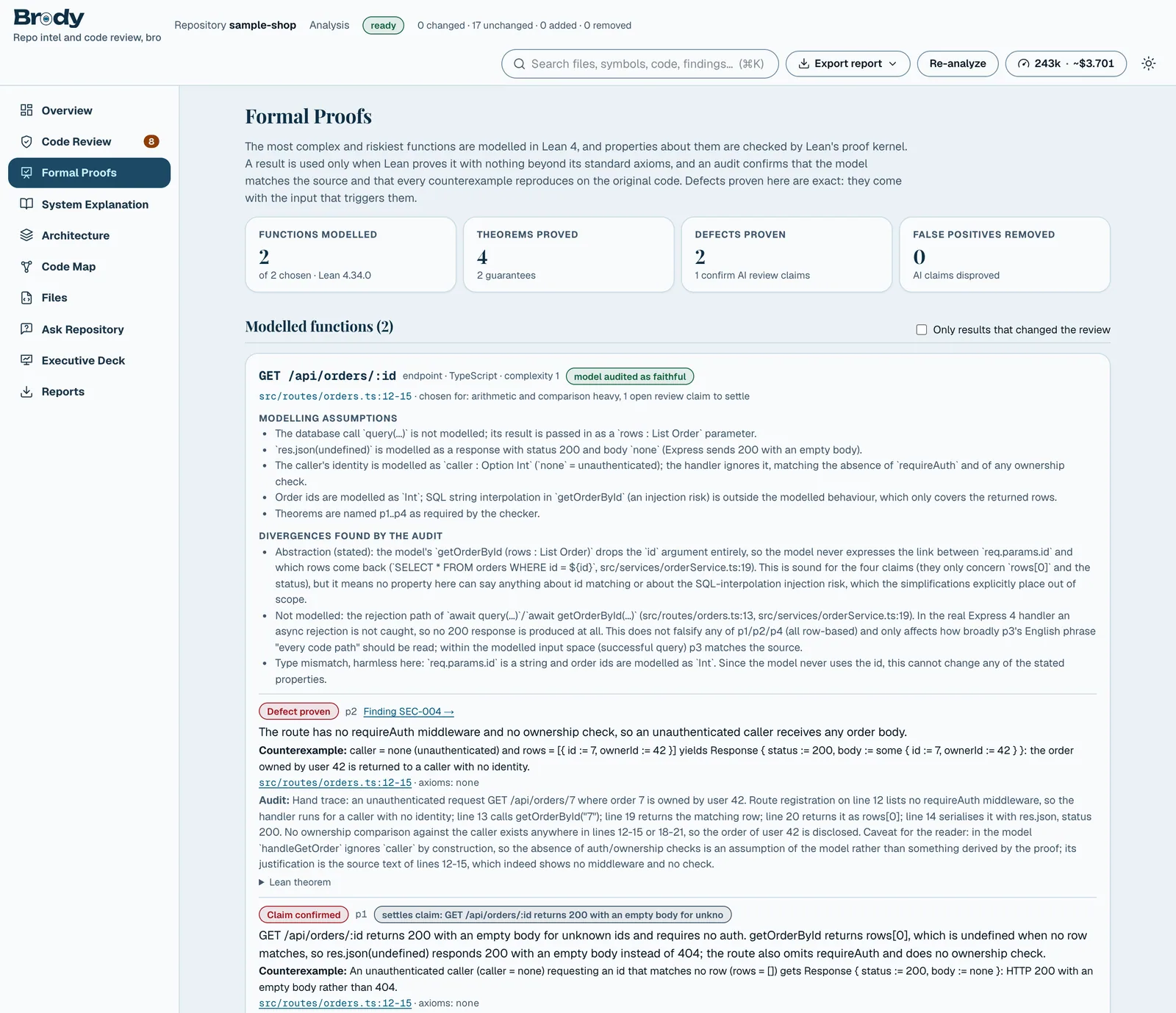 Brody: Formal Proofs: the riskiest functions modelled in Lean 4, with counterexamples and a fidelity audit.