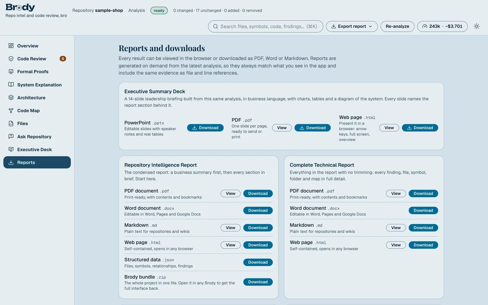 Brody: Executive reports exportable to PDF, Word, Markdown, HTML and PowerPoint.