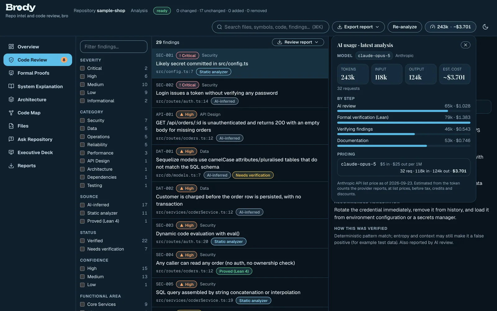 Brody: Live AI cost tracking: tokens and dollars per analysis, in the header at all times.