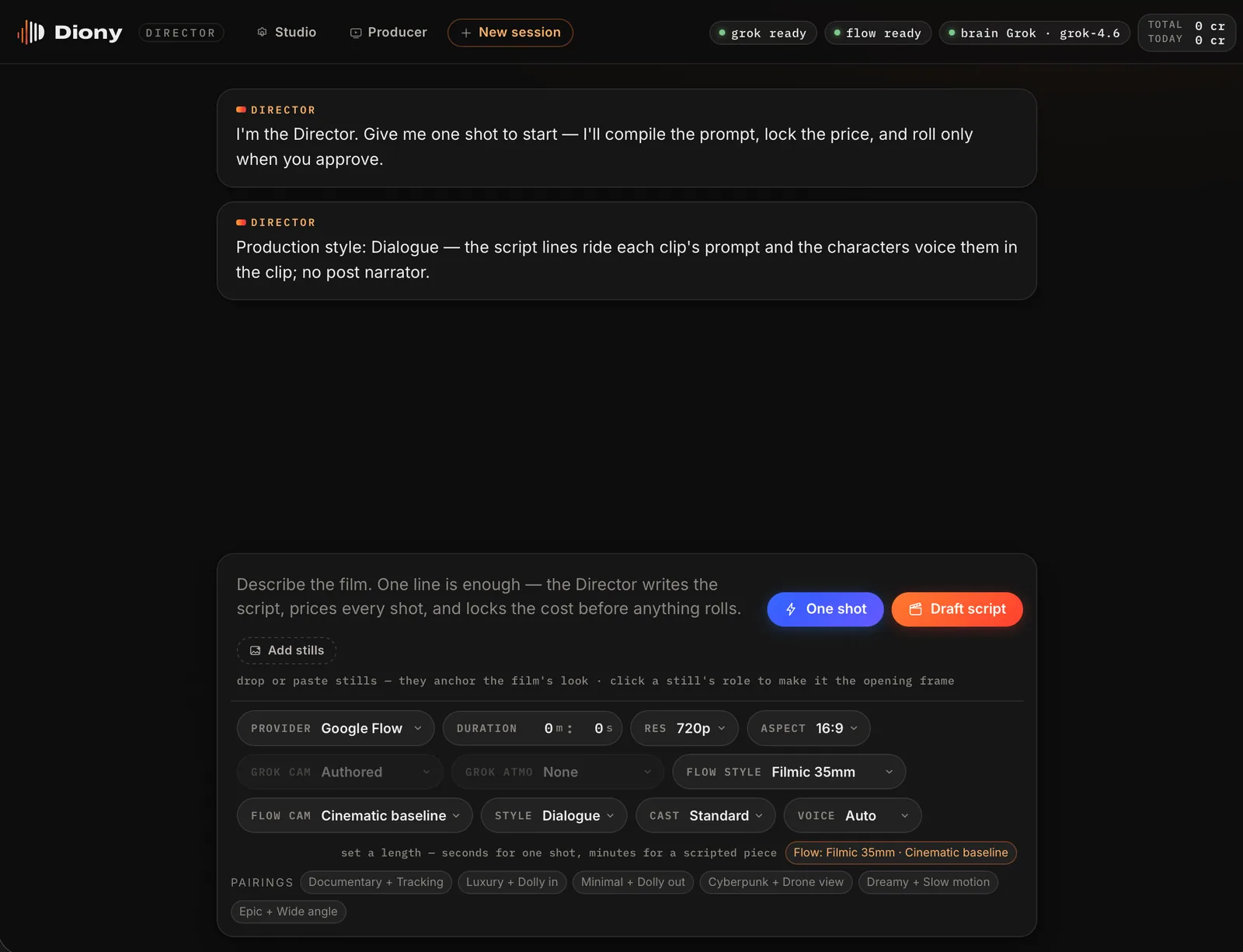 Diony AI: Director: one line in, a scripted, priced shot list out. Nothing rolls until you see the price.