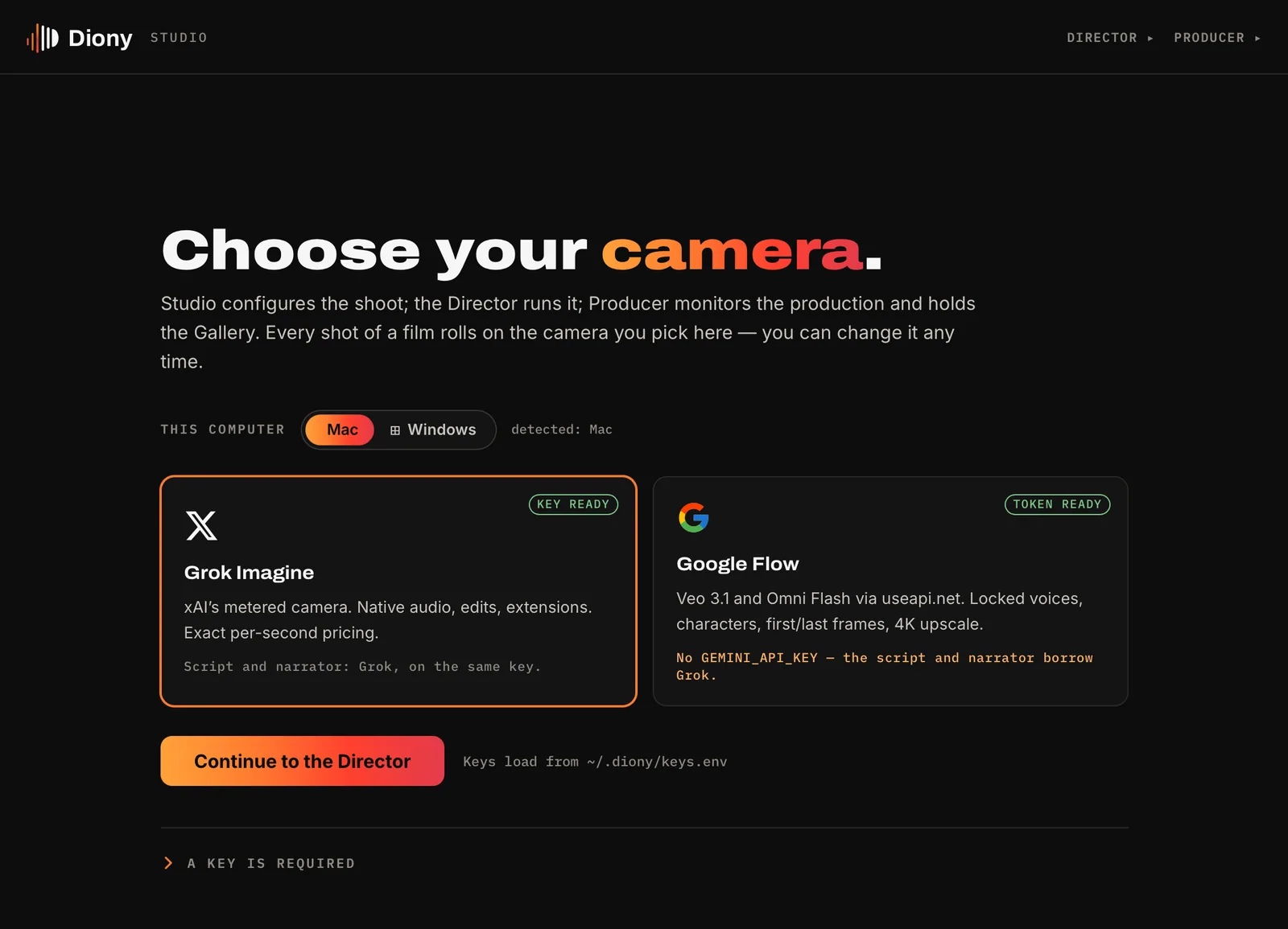 Diony AI: Studio: choose the camera. Grok Imagine or Google Flow, keys stay on your machine.