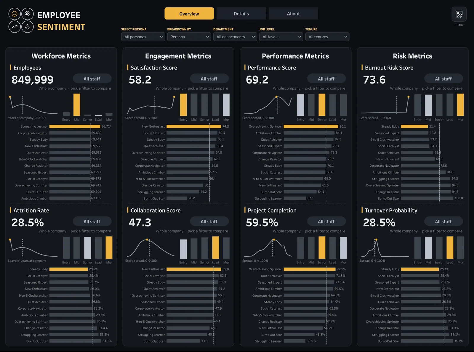 Analytics Dashboards: Employee Sentiment: workforce, engagement, performance and risk metrics for 850K employees, each with a tenure or score-spread curve, job-level comparison and a persona ranking.